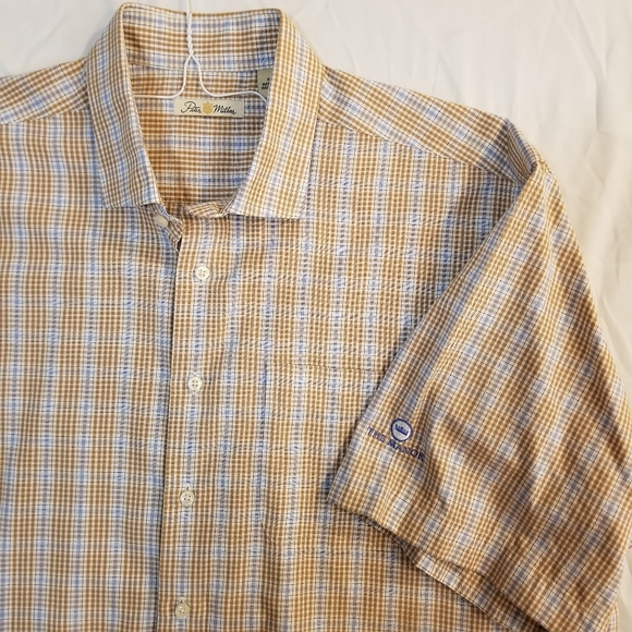 Peter Millar Short Sleeve Button Up Shirt Tan Blue Check Plaid XL - Picture 4 of 16